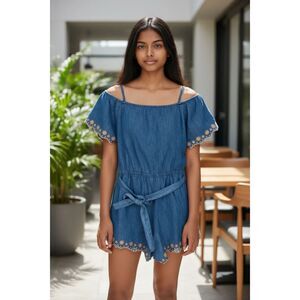 Vince Camuto Blue Chambray Cold Shoulder Shorts Romper Youth Girls 12 NWT